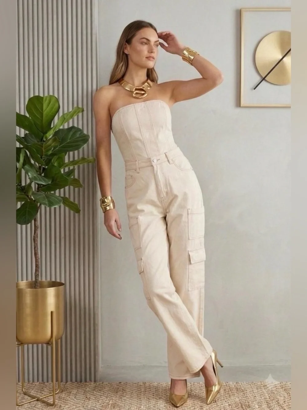Wild Fable Women's Tube Cargo Cream Denim Jumpsuit